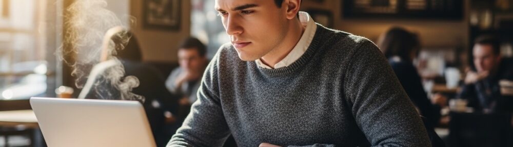 Graduate student studying at laptop with open textbooks in a coffee shop, researching school counseling master's programs
