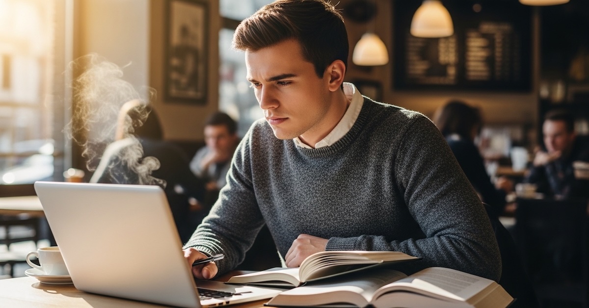 Graduate student studying at laptop with open textbooks in a coffee shop, researching school counseling master's programs