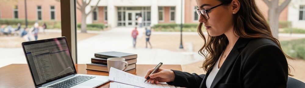 Graduate student reviewing financial aid documents at a university campus library