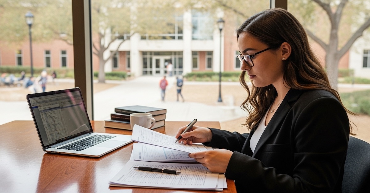 Graduate student reviewing financial aid documents at a university campus library