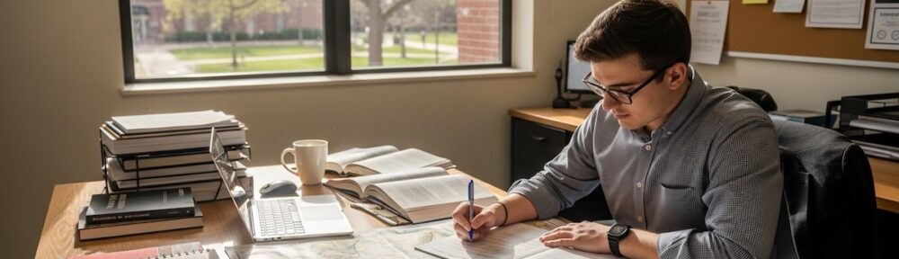 Graduate student reviewing state maps and program documents at a university desk