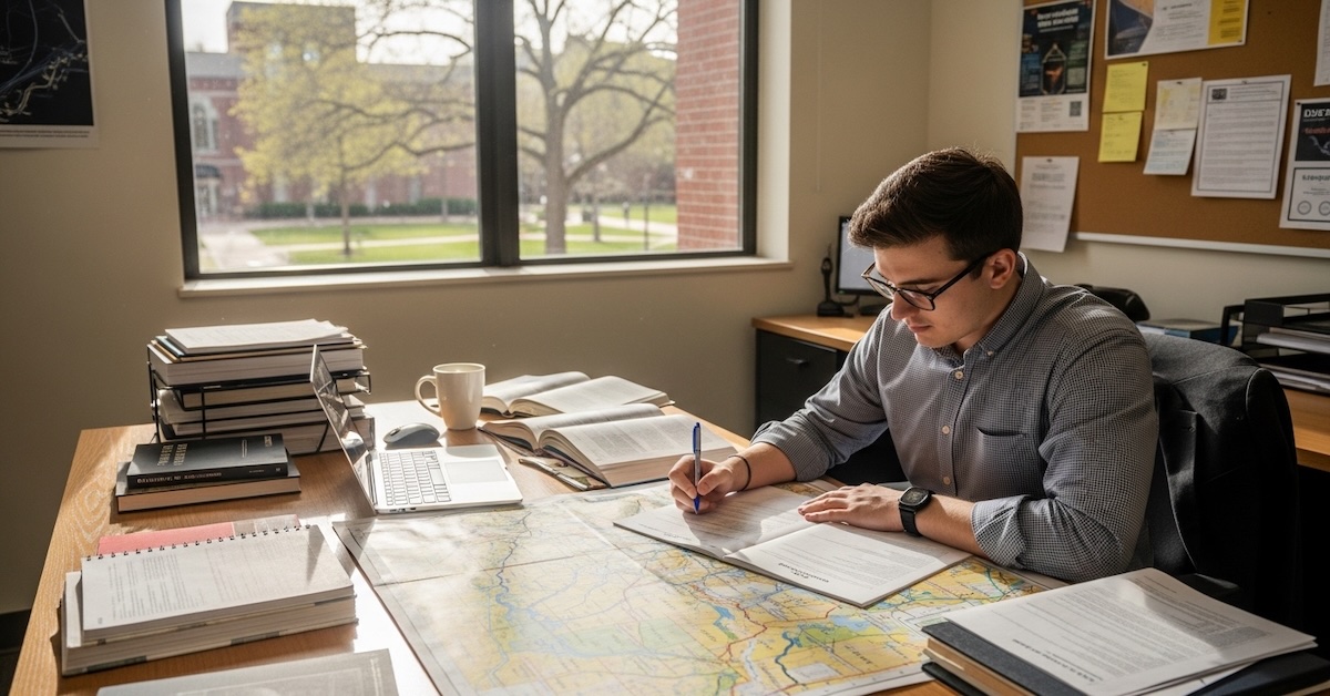 Graduate student reviewing state maps and program documents at a university desk