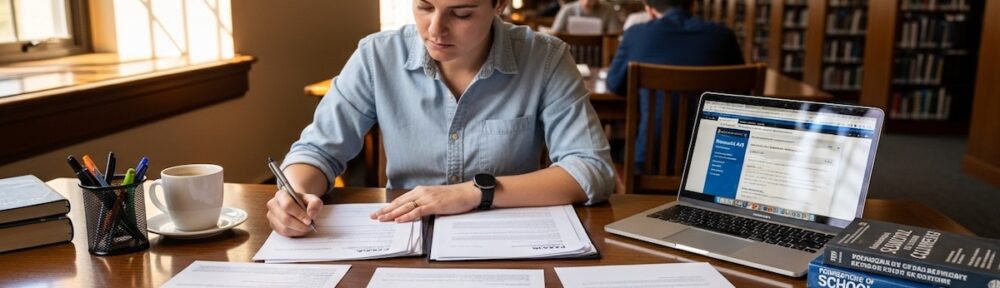 Graduate student reviewing school counseling scholarship and FAFSA documents at a university library desk
