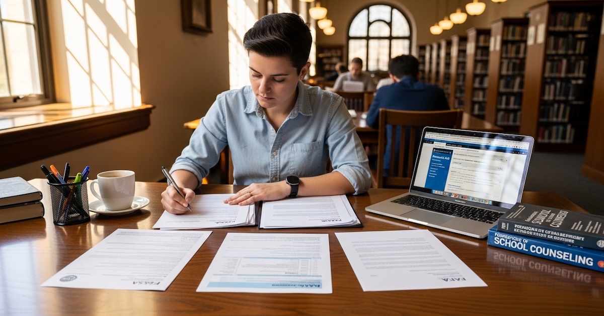 Graduate student reviewing school counseling scholarship and FAFSA documents at a university library desk