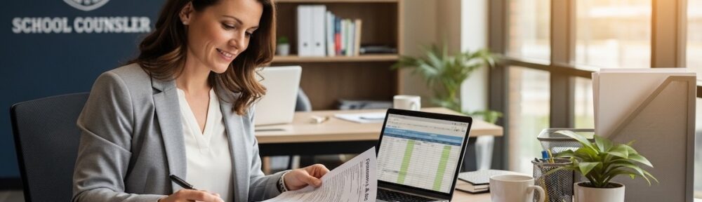 School counselor reviewing loan forgiveness paperwork at her office desk with a laptop open