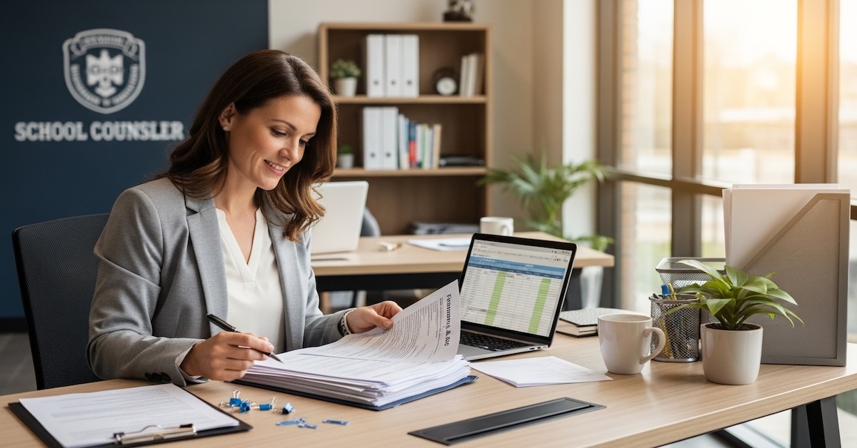 School counselor reviewing loan forgiveness paperwork at her office desk with a laptop open