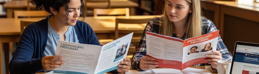 Two graduate students reviewing counseling and psychology program brochures side by side at a university library table