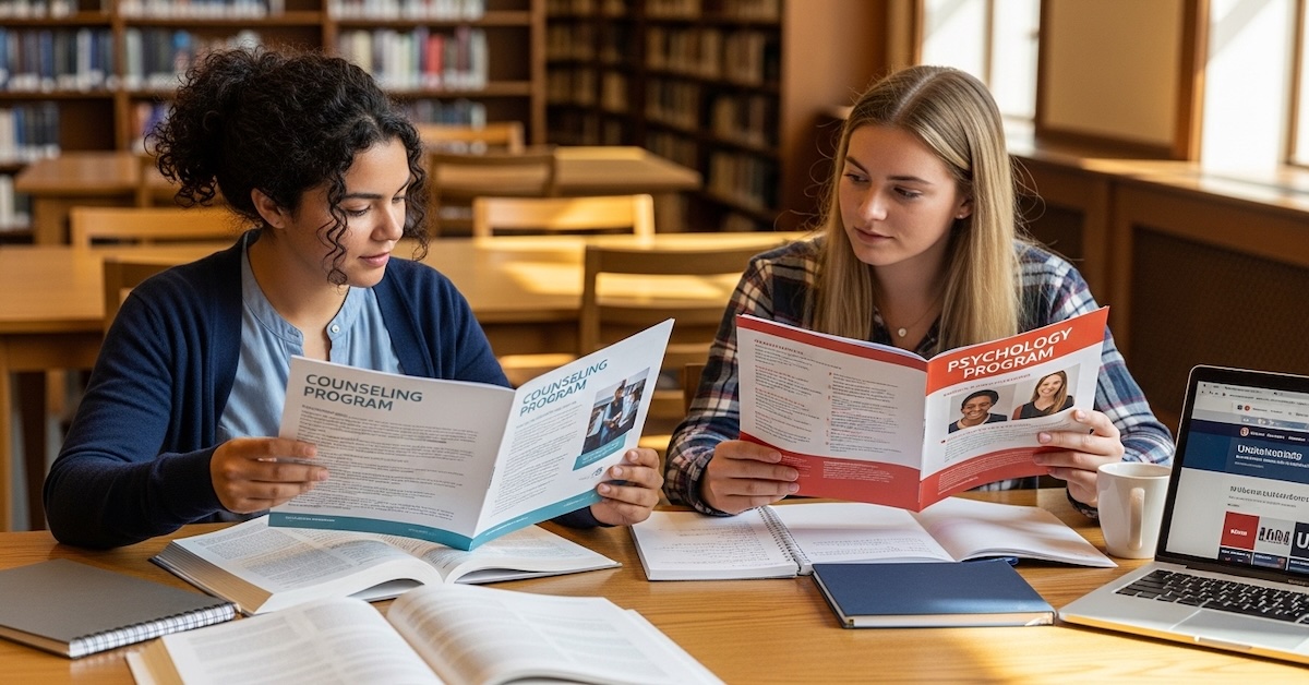 Two graduate students reviewing counseling and psychology program brochures side by side at a university library table