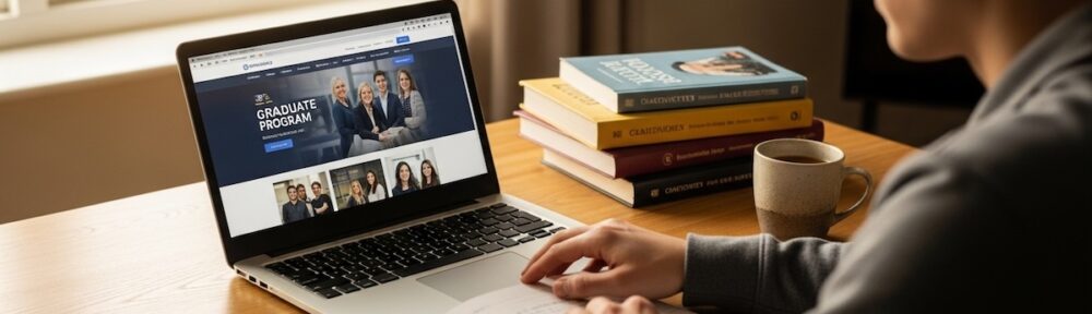 Graduate student researching online school counseling programs on laptop with textbooks nearby