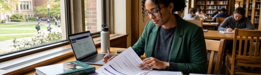 Graduate counseling student reviewing HRSA BHWET grant documents at a university library desk