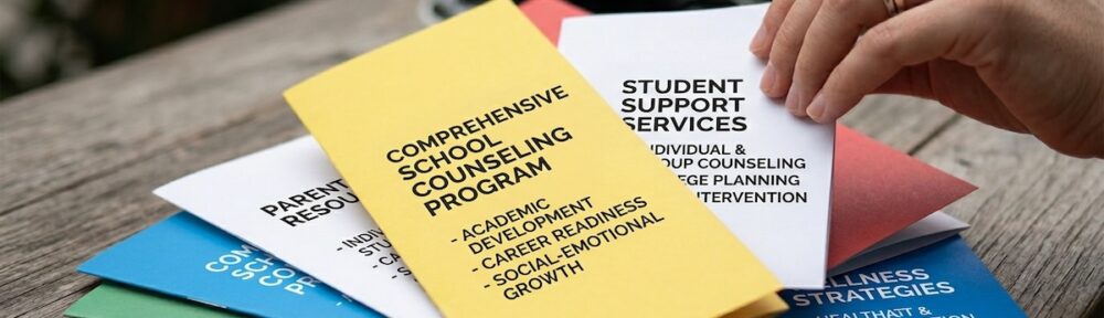 School counseling program brochures fanned out on a wooden table, covering academic development, career readiness, and student support services