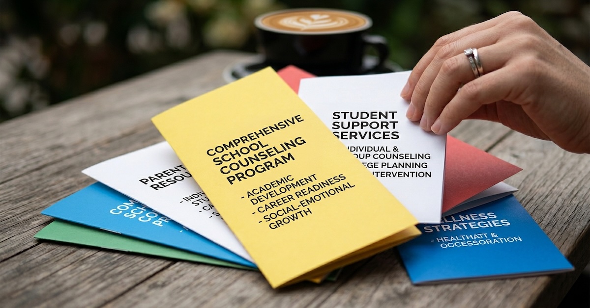School counseling program brochures fanned out on a wooden table, covering academic development, career readiness, and student support services