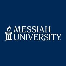 Messiah University logo, white flame emblem and wordmark on navy, online CACREP school counseling master's